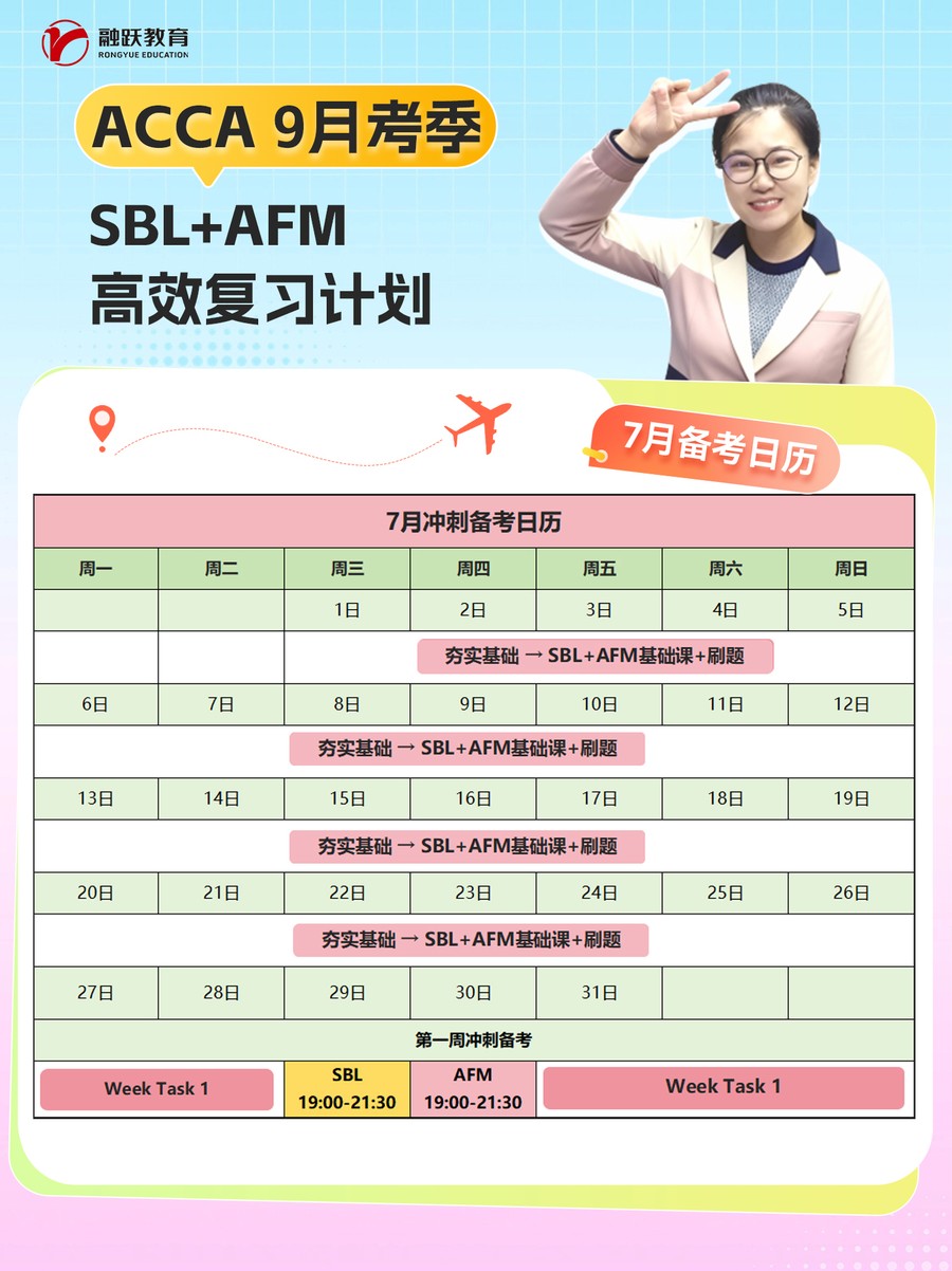融跃教育ACCA 9月考季SBL+AFM高效复习计划:7月冲刺备考日历