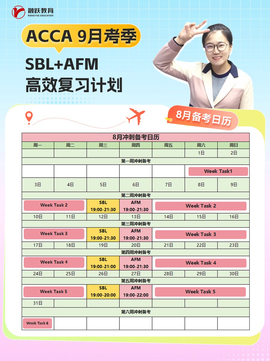融跃教育ACCA 9月考季SBL+AFM高效复习计划:8月冲刺备考日历