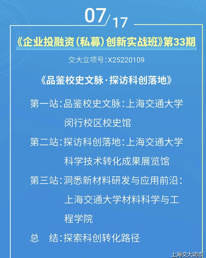 上海交通大学企业投融资（私募）创新实战班第33期——品鉴校史文脉·探访科创落地（游学）（7月17日）