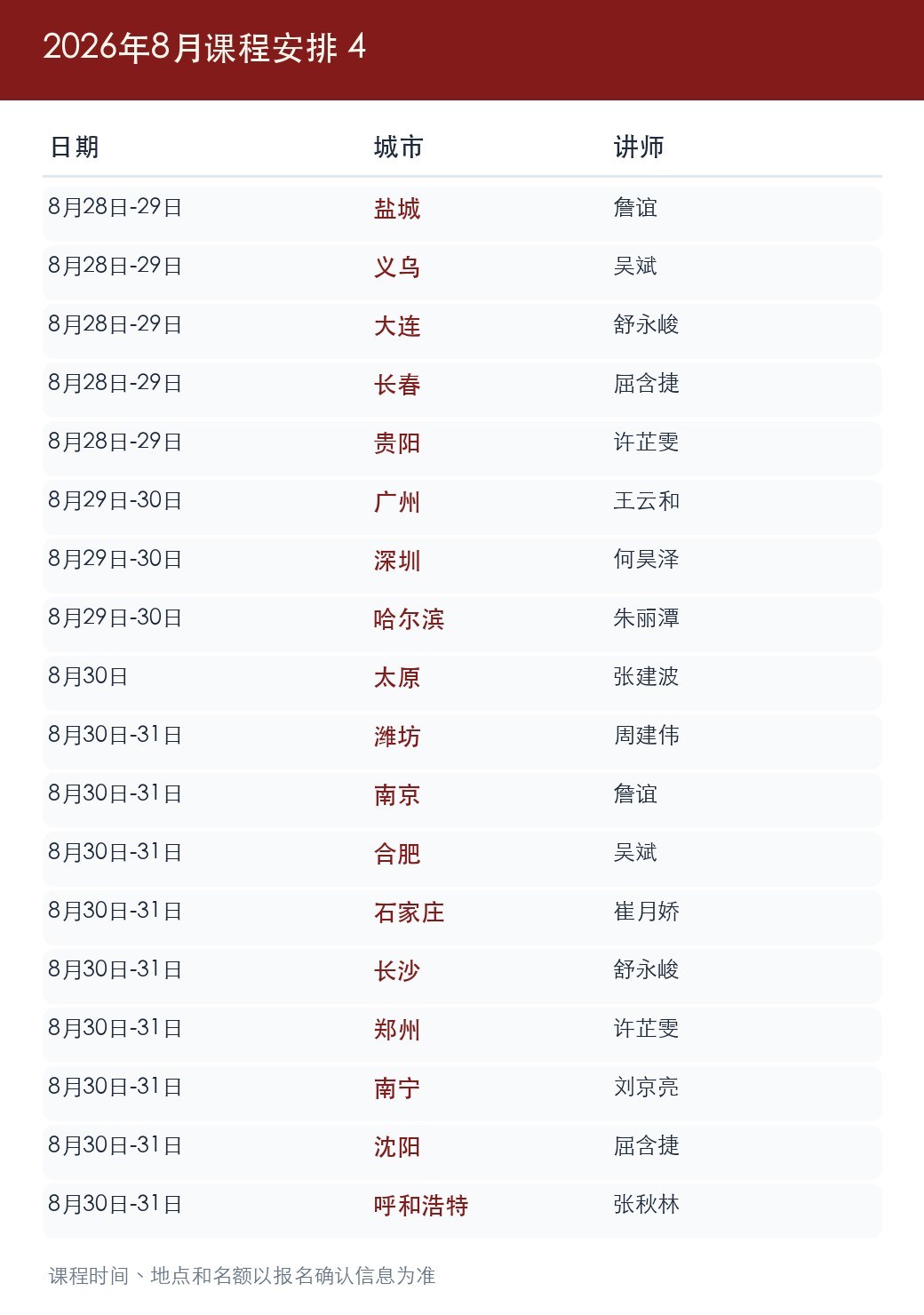 金财总部2026年8月《老板财务思维》课程表:上海、北京、深圳等多城开课
