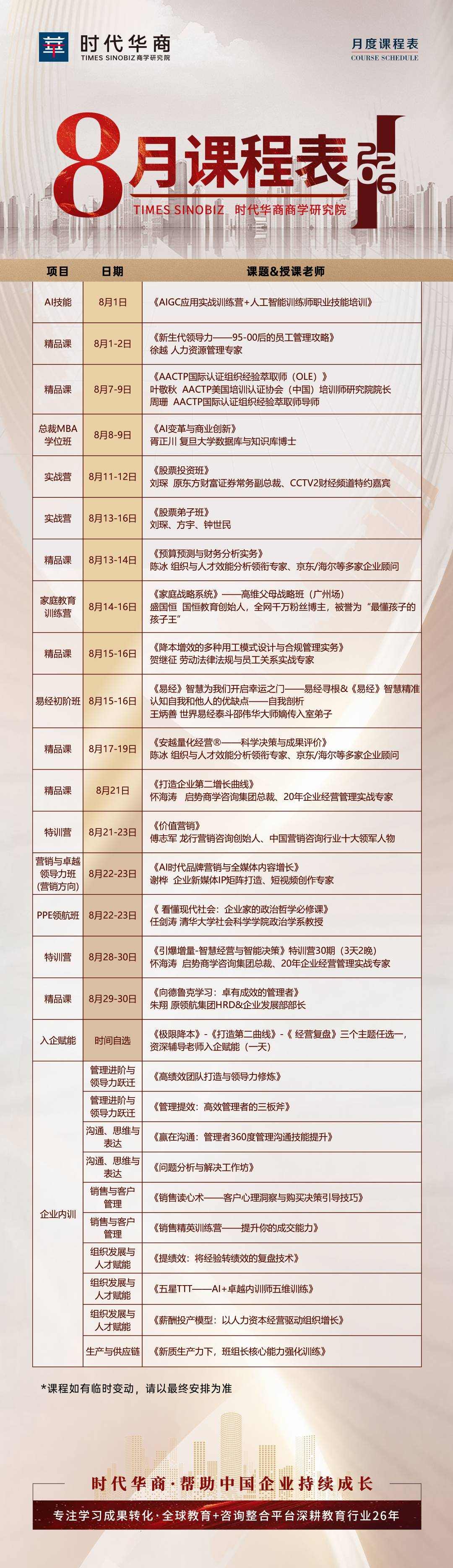 时代华商商学院2026年8月课程表：AI技能、精品课、PPE领航班等课程安排