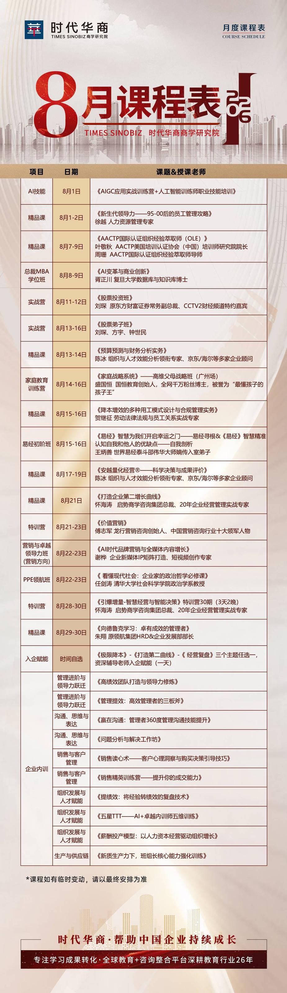 时代华商商学院2026年8月课程表：AI技能、总裁MBA学位班与特训营课程安排