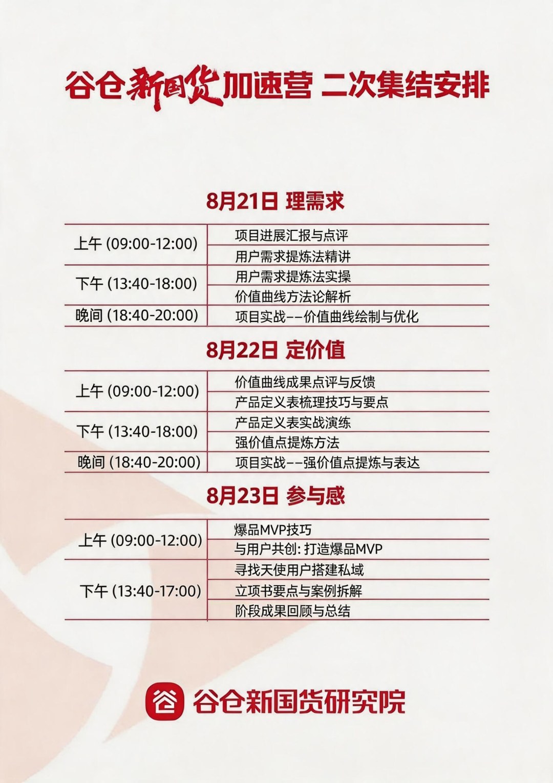 谷仓新国货研究院第52期《谷仓新国货加速营》第二次集训通知:8月21-23日杭州萧山安排