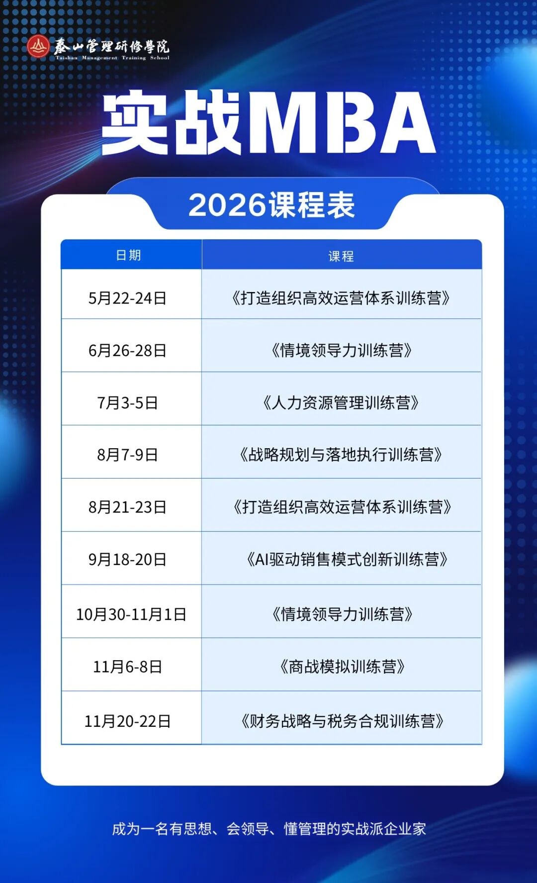 山东泰山管理研修学院2026近期课程安排:实战MBA、MDP与标杆研学怎么选