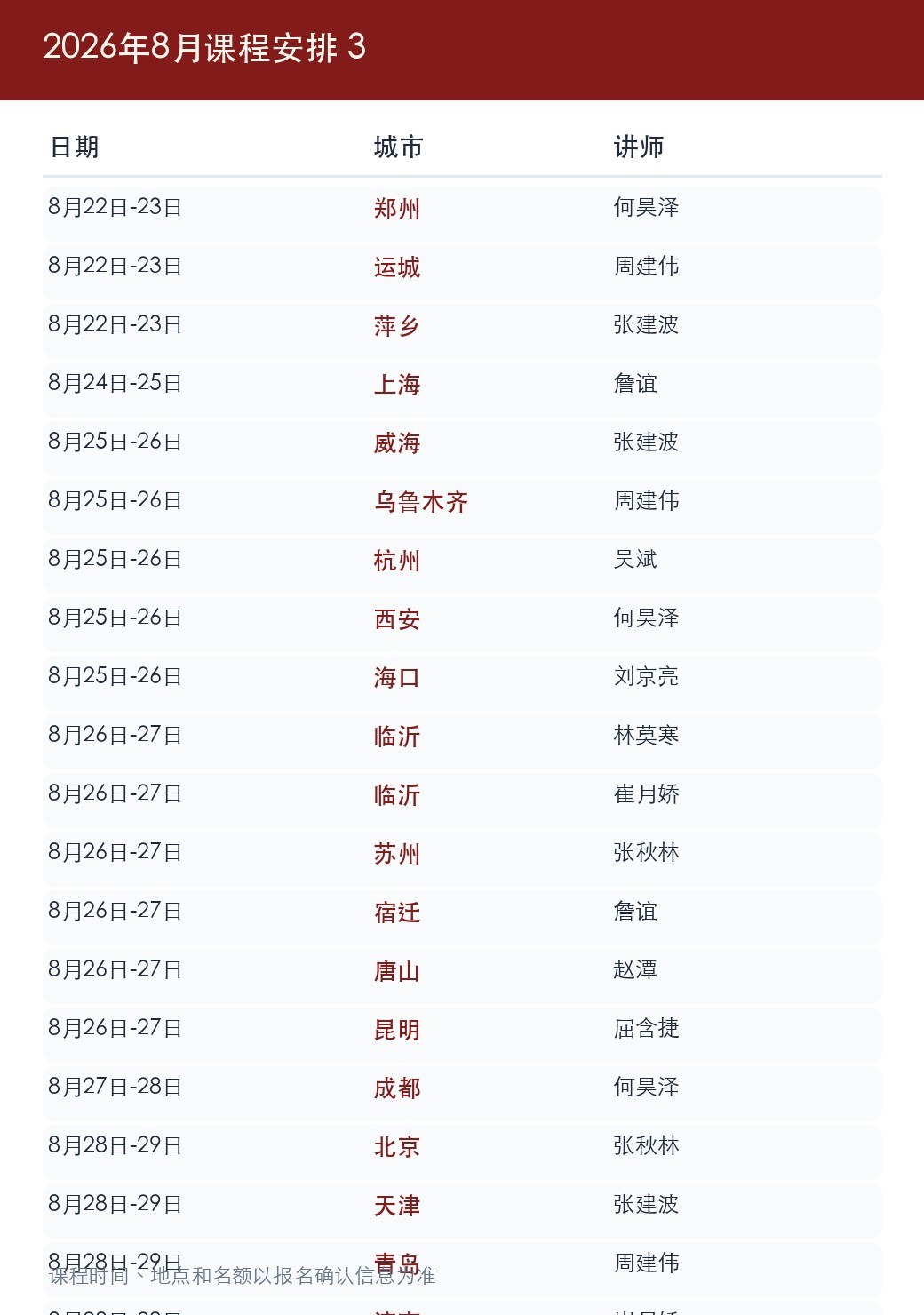 金财总部2026年8月《老板财务思维》课程表8月19日修正版:太原等多城8月30日-31日开课