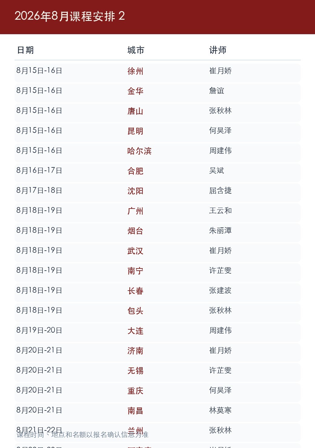 金财总部2026年8月《老板财务思维》课程表8月19日修正版:太原等多城8月30日-31日开课