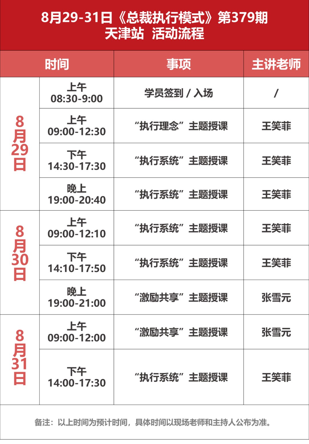 王笑菲、张雪元授课：中旭教育《总裁执行模式8.0》2026年8月29-31日天津滨海圣光皇冠假日酒店开课通知
