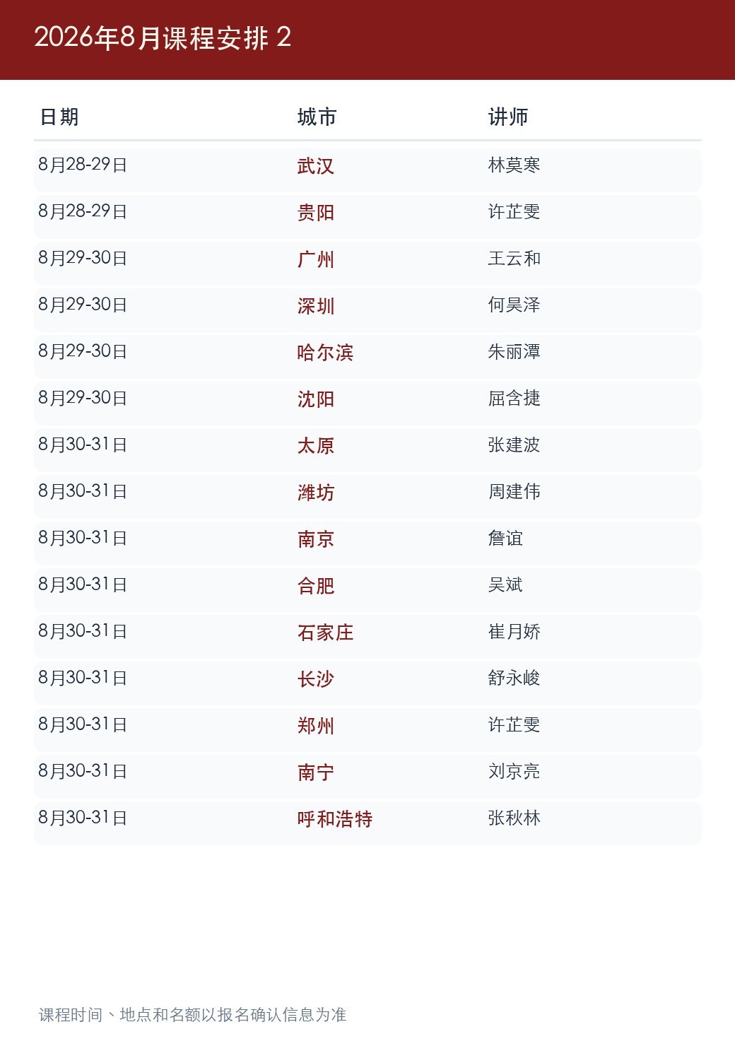金财总部2026年8月《老板财务思维》课程表更新：8月24日后多城开课安排