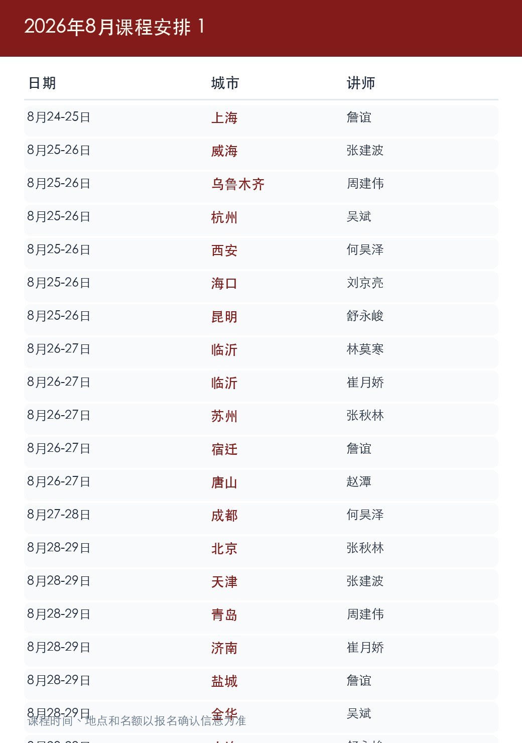 金财总部2026年8月《老板财务思维》课程表更新：8月24日后多城开课安排