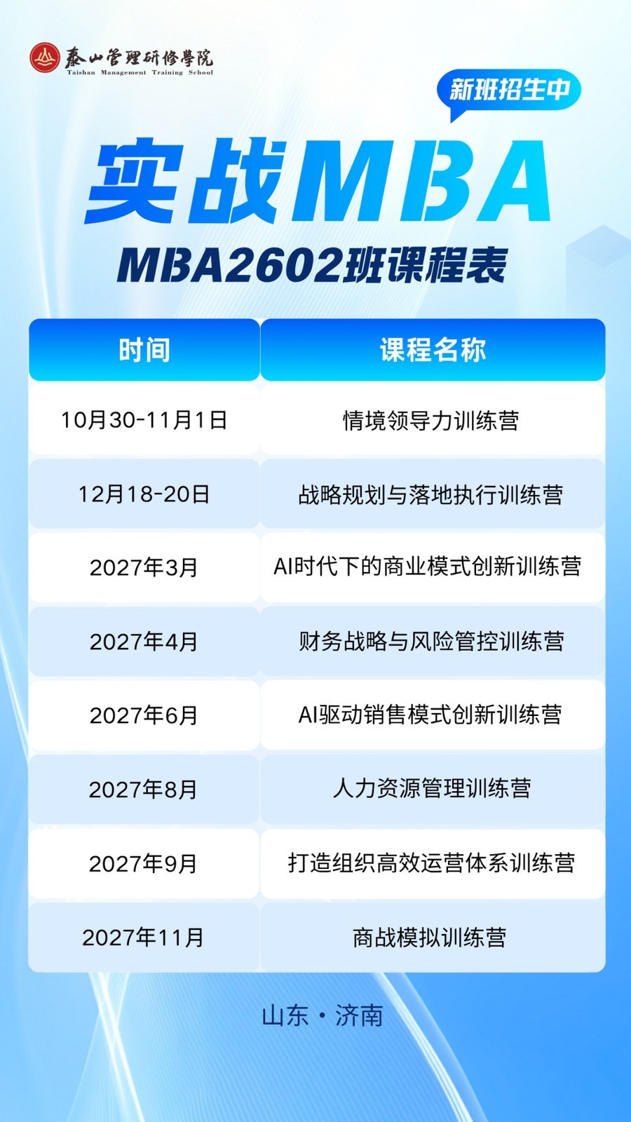 泰山管理学院实战MBA MBA2602班招生中:10月30日济南开启情境领导力训练营