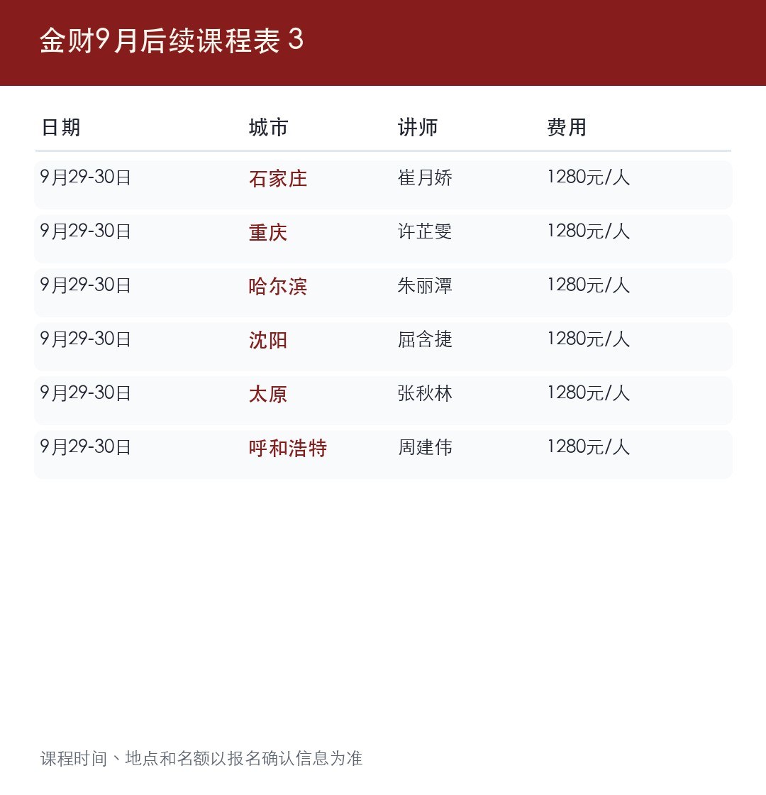 金财总部9月《老板财务思维》课程表更新:9月22-30日深圳济南等多城安排
