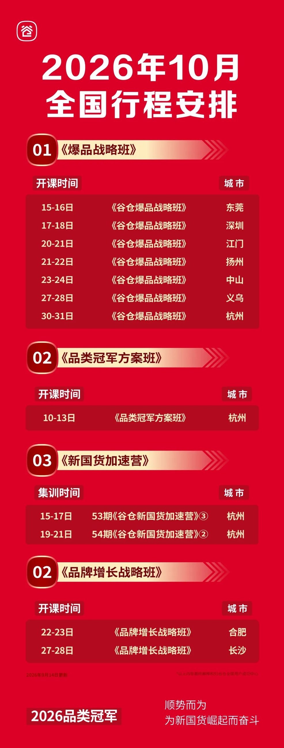 谷仓新国货研究院2026年10月全国行程安排课程表