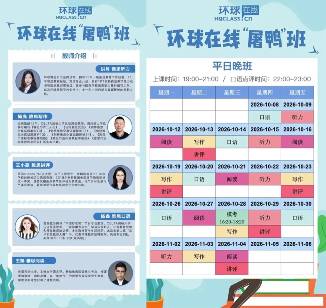 洪月、杨亮、王小嘉、杨鑫、王凯主讲环球教育北京学校在线屠鸭精讲班:听力、写作、讲评、口语、阅读,2026年10月8日—11月4日 平日晚班19:00—21:00