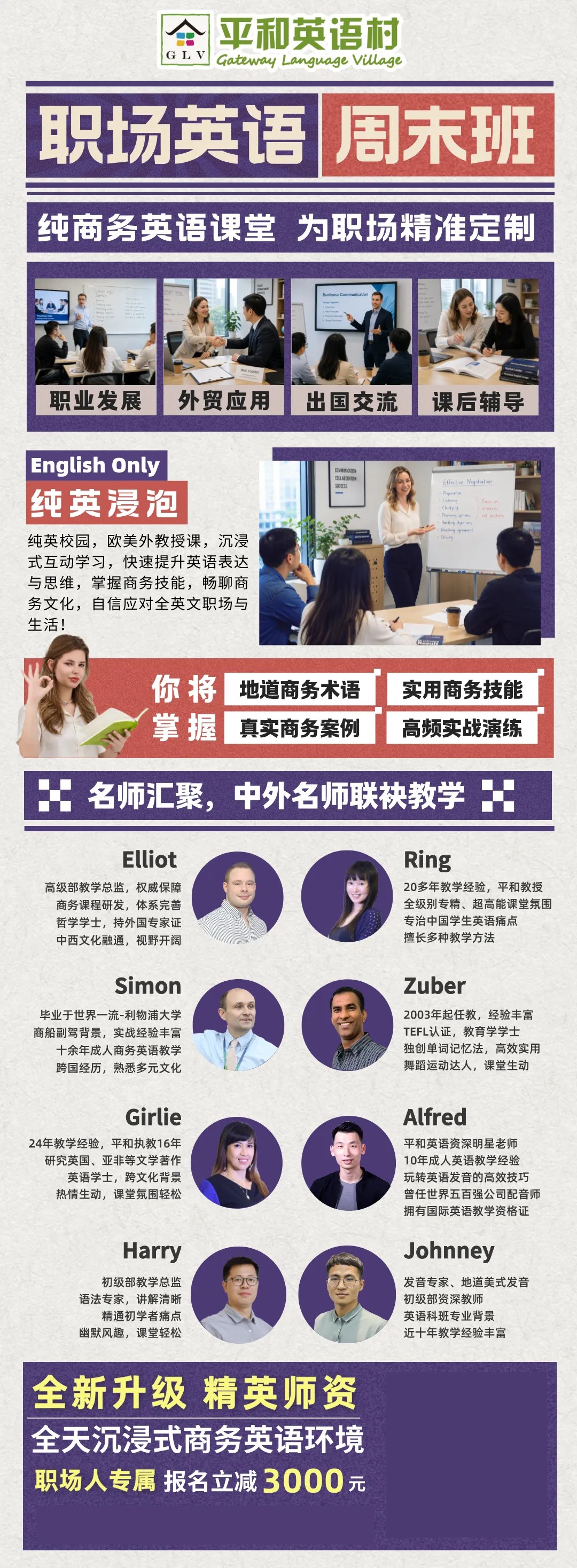 平和英语村职场英语周末班2026年11月22日开班:Elliot、Ring、Simon、Zuber、Girlie、Alfred、Harry、Johney师资介绍